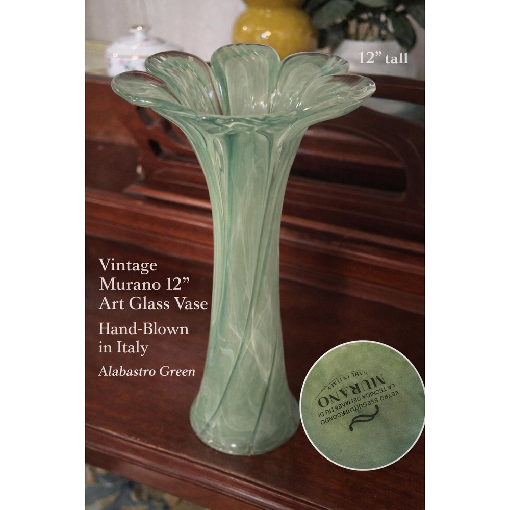 Murano Art Glass Vase Vintage Hand Blown Italian Alabastro Green 12" Calla Lily
